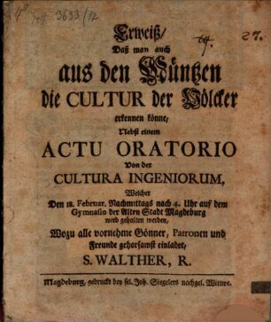 Erweiß, daß man auch aus den Münzen die Cultur der Völker erkennen könne