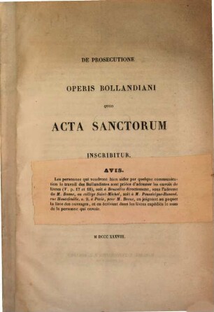 De prosecutione operis Bollandiani quod acta Sanctorum inscribitur