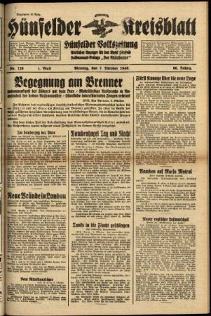 Erste Ausgabe vom Montag, den 07. Oktober 1940.