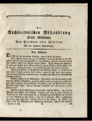 Der Architectonischen Abhandlung Dritte Abtheilung Von Pilastern oder Pfeilern. Mit sehr nützlichen Anmerkungen.