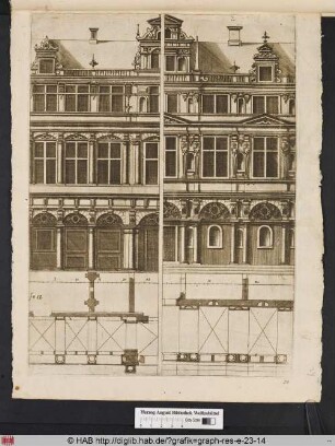 Zwei Grundrisse und zwei Ansichten von Palastfassaden, ausgestattet mit Galerien im Ergegeschoss.