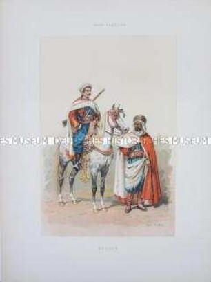 Uniformdarstellung, Offizier zu Pferd und Gemeiner des Sipahi-Reiter-Regiments, Frankreich, um 1890.
