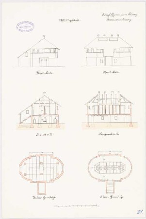 Gymnasium, Elbing Toilettenhäuschen: Grundrisse, Aufriss Nordseite, Westseite, Längsschnitt, Querschnitt 1:100