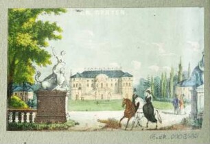 Ansicht des Palais im Großen Garten zu Dresden, Lithografie, um 1840 : [Ansicht des Palais im Großen Garten]. [S.l.], [um 1840]. - 1 Kunstbl. : kolor. Lithogr. ; 7,5 x 4,5 cm.