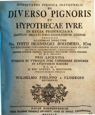 Diss. iur. inaug. de diverso pignoris et hypothecae iure