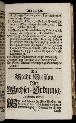 Der Stadt Breßlau Alte Wechsel- Ordnung.