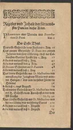 Register und Inhalt der fürnembsten Pincten dieser Acten.