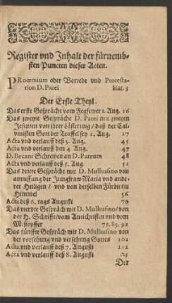 Register und Inhalt der fürnembsten Pincten dieser Acten.
