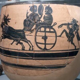Athen, Archäologisches Nationalmuseum. Kabirenprozession, Vasenbruch auf einem Skyphos aus den Kabirion von Theben, Ende 5. Jh. v. Chr., Aé