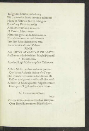 Ad Opus Musaeum Pii Baptistae Bononiensis: Sebasiani Maghi Pannoniii Hexasticon.