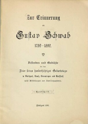Zur Erinnerung an Gustav Schwab 1792-1892