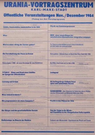 "Urania Vortragszentrum Karl-Marx-Stadt - Öffentliche Veranstaltungen Nov./Dez. 1984 (Auszug aus dem Monatsprogramm)"