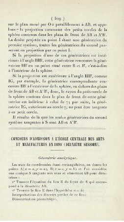 Concours d'Admission a l'École Centrale des Arts et Manufactures en 1898 (Deuxiéme Session).