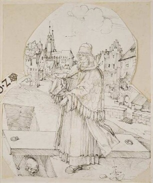 Scheibenriss mit Sixtus Tucher am offenen Grab