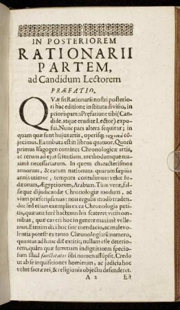 In Posteriorem Rationarii Partem, ad Candidum Lectorem Præfatio.