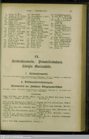 IX. Steinkohlenwerke. Privateisenbahnen. Königin Marienhütte