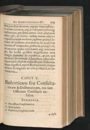 Caput V. Buleuticam seu Consultativam & Deliberativam, nec non Officium Consiliarii exhibet.