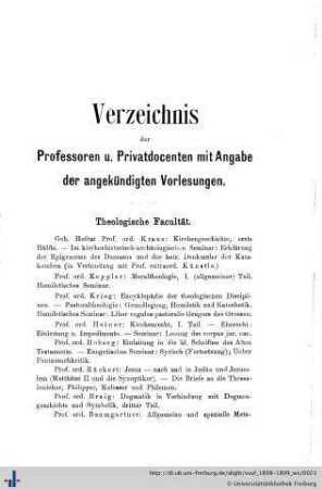 Verzeichnis der Professoren und Privatdocenten mit Angabe der angekündigten Vorlesungen.