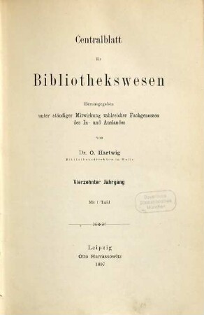 Zentralblatt für Bibliothekswesen. 14. 1897