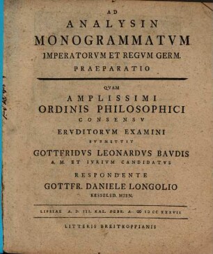 Ad Analysin Monogrammatvm Imperatorvm Et Regvm Germ. Praeparatio