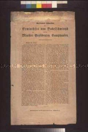 Maueranschlag: Vertrautes Schreiben des Exministers von Bodelschwingh an den Minister-Präsidenten Camphausen. Anonymer offener Brief; undatiert