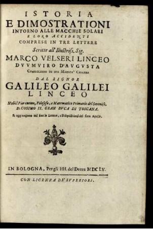 Istoria E Dimostrationi Intorno Alle Macchie Solari.