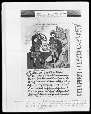 Speculum humanae salvationis — Pilatus wäscht seine Hände, Folio 61verso