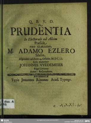 De Prudentia : ad diem 14. Octobr. MDCLI.