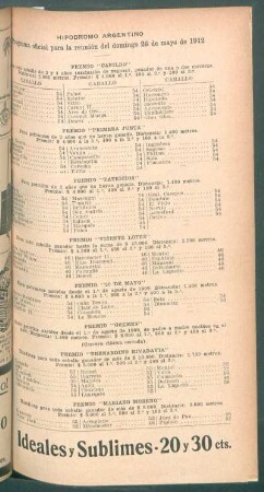 Hipódromo Argentino - Programa oficial para la reunión del domingo 26 de mayo de 1912