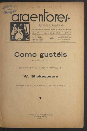 1937014700: Como gustéis : comedia en cinco actos y epílogo