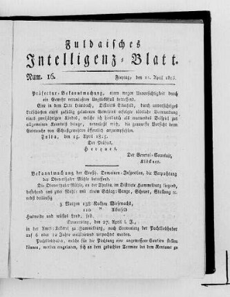 Num. 16, Ausgabe vom 21. April 1815