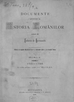 Documente privitóre la istoria românilor : culese de Eudoxin de Hurmuzaki ; culese, adnotate şi publicate de Nic. Densuşianu. Volumul 9., partea 2., 1751-1796