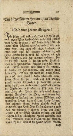 Ein altes Mütterchen an ihren Beicht-Vater.