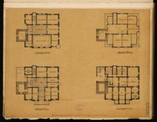 Rathaus, Münsterberg Monatskonkurrenz April 1887: Grundriss Keller, Erdgeschoss, Obergeschoss, Dachgeschoss; Maßstabsleiste