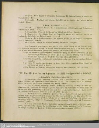 VIII. Übersicht über die durchgearbeiteten Lehrstoffe