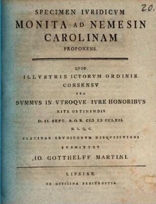 Specimen iur. monita ad Nemesin Carolinam proponens