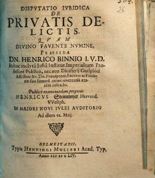 Disputatio Iuridica De Privatis Delictis