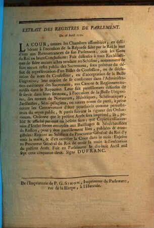 Extrait Des Registres De Parlement. Du 18 Avril 1752