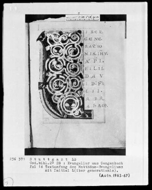 Evangeliar — Initialseite L (iber generationis), Folio 14recto