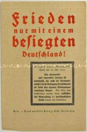Flugblatt mit einem Zitat aus der britischen Zeitung "Morning Post" über die britischen Bedingungen für einen Friedensvertrag