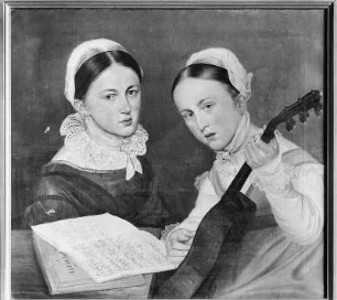 Amalie Geller und Schwester in Herrnhuter Tracht : Adolf Zimmermann: Doppelbildnis der Amalie Geller und ihrer Schwester in Herrnhuter Tracht. Ölgemälde.