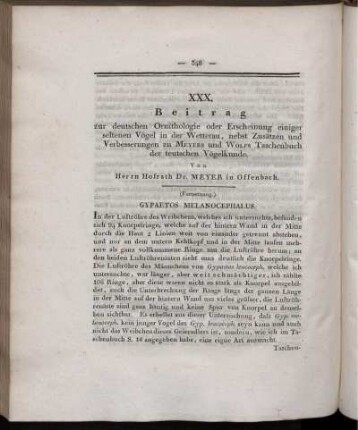 XXX. Beitrag zur deutschen Ornithologie oder Erscheinung einiger seltenen Vögel in der Wetterau, nebst Zusätzen und Verbesserungen zu Meyers und Wolfs Taschenbuch der teutschen Vögelkunde.