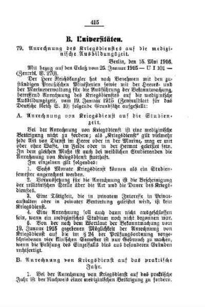 Anrechnung des Kriegsdienstes auf die medizinische Ausbildungszeit : [B. Universitäten]