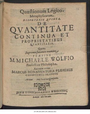 Quaestionum Logico-Metaphysicarum Disputatio Quinta, De Quantitate Continua Et Proprietatibus Quantitatis