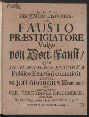 Disqvisitio Historica De Fausto Præstigiatore Vulgo von Doct. Faust