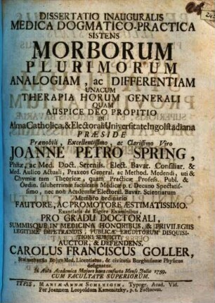 Dissertatio Inauguralis Medica Dogmatico-Practica Sistens Morborum Plurimorum Analogiam, Ac Differentiam Unacum Therapia Horum Generali