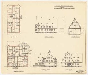 Haus Collignon (Ärztewohnhaus am Krankenhaus Heckeshorn), Berlin-Wannsee: Grundriss Erdgeschoss (zwei Hauptvarianten) 1:200; Aufriss der Seitenansicht 1:200 und Querschnitt 1:200 für die Einflügel-Variante; Aufriss 1:200 der Wasserseite und der Eingangsseite