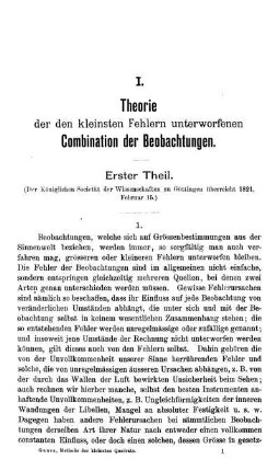 I. Theorie der den kleinsten Fehlern unterworfenen Combination der Beobachtungen.