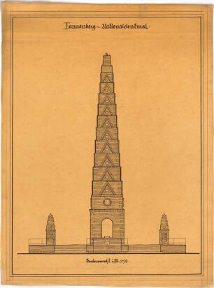 Billing, Hermann; Tannenberg (bei Hohenstein / Ostpreußen, heute Olsztynek, Polen); Nationaldenkmal (Schlachtendenkmal) Tannenberg - Vorderfassade (Ansicht)