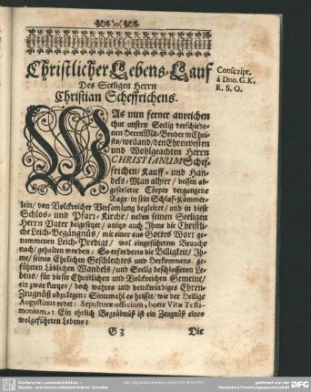 Lebenslauf : Christlicher Lebens-Lauf Des Seeligen Herrn Christian Scheffrichens